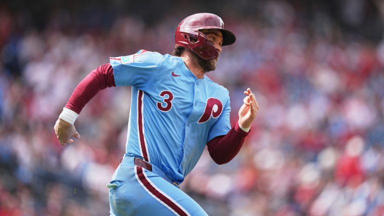 Philadelphia Phillies' Bryce Harper in action during a baseball game, Thursday, April 3, 2025, in Philadelphia. (Matt Rourke/AP)