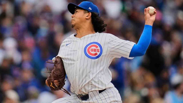 Chicago Cubs starting pitcher Shota Imanaga (18) throws against the San Diego Padres during the second inning of a baseball game, Friday, April 4, 2025, in Chicago. (Erin Hooley/AP)