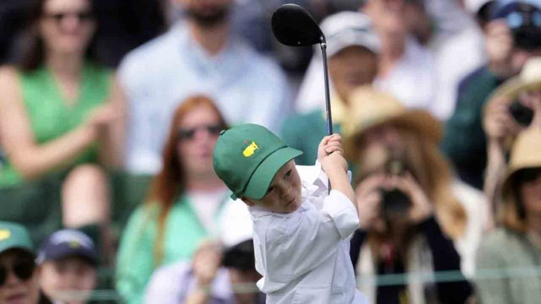 Jordan Spieth's son Sammy swings a club during the par-3 contest at the Masters golf tournament, Wednesday, April 9, 2025, in Augusta, Ga. (George Walker IV/AP)