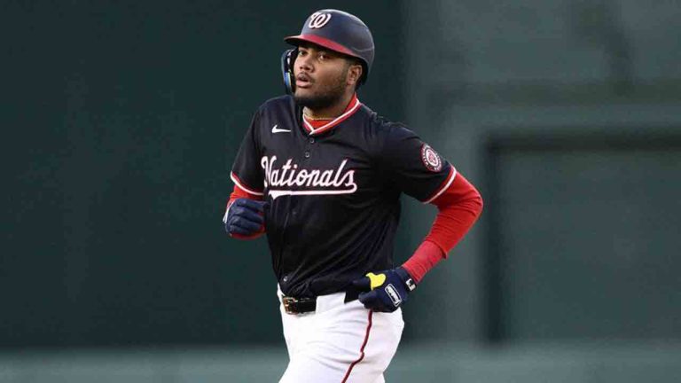 Washington Nationals' James Wood rounds the bases on his two-run home run during the first inning of a baseball game against the Los Angeles Dodgers, Tuesday, April 8, 2025, in Washington. (Nick Wass/AP)