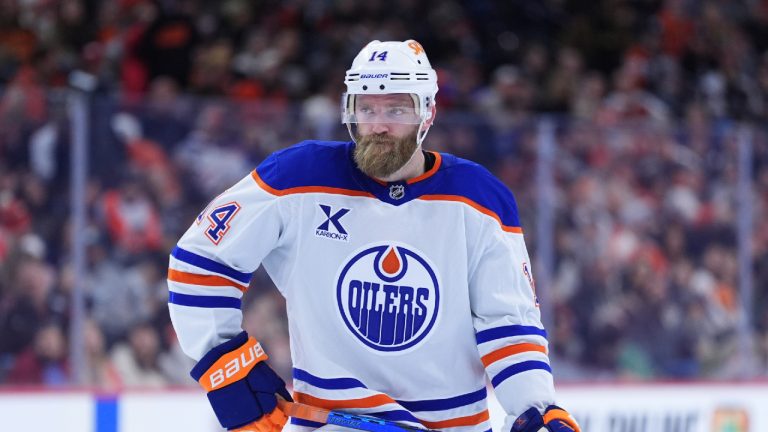 Edmonton Oilers' Mattias Ekholm plays during an NHL hockey game, Saturday, Feb. 22, 2025, in Philadelphia. (Matt Slocum/AP)