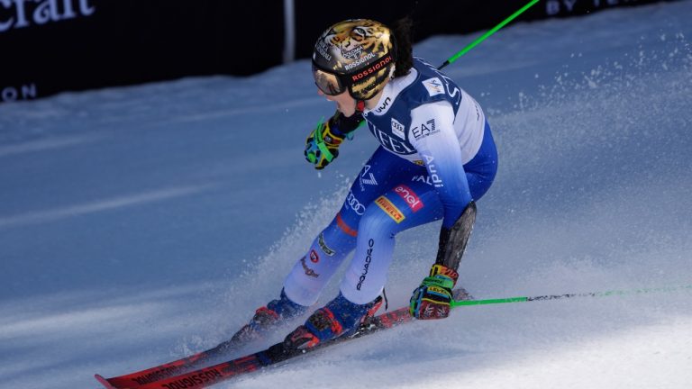 Italy's Federica Brignone celebrates after a women's giant slalom run at the World Cup Finals, Tuesday, March 25, 2025, in Sun Valley, Idaho. (John Locher/AP)