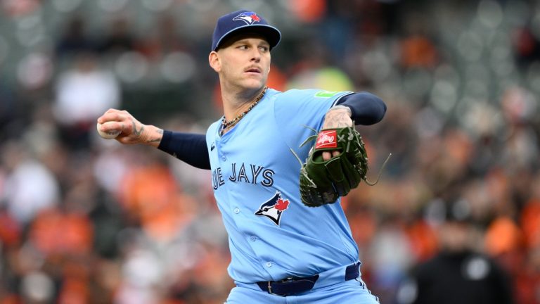 Toronto Blue Jays starting pitcher Bowden Francis (44) in action during a baseball game against the Baltimore Orioles, Saturday, April 12, 2025, in Baltimore. (Nick Wass/AP)