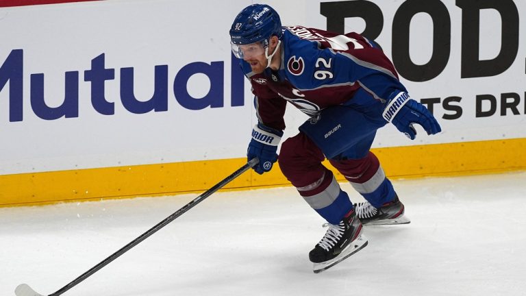 Colorado Avalanche left wing Gabriel Landeskog (92) in the first period of Game 3 of an NHL hockey first-round playoff series Wednesday, April 23, 2025, in Denver. (David Zalubowski/AP)