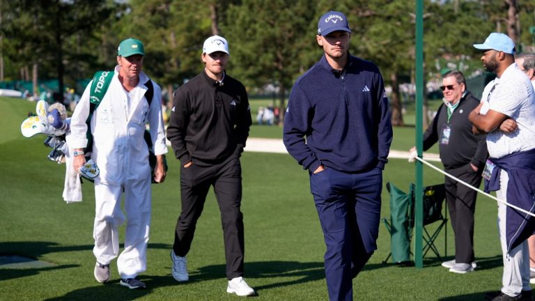 Rasmus Hojgaard, left, and Nicolai Hojgaard walk to the tee on the eighth hole during a practice around at the Masters golf tournament, Wednesday, April 9, 2025, in Augusta, Ga. (Ashley Landis/AP)