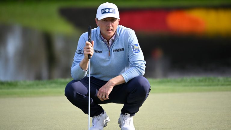 Mackenzie Hughes, of Canada, lines up a putt on the eighth green during the second round of the Arnold Palmer Invitational at Bay Hill golf tournament, Friday, March 7, 2025, in Orlando, Fla. (Phelan M. Ebenhack/AP Photo)