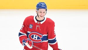 Montreal Canadiens' Ivan Demidov smiles as he skates prior to an NHL hockey game against the Chicago Blackhawks in Montreal, Monday, April 14, 2025. (Graham Hughes/CP)