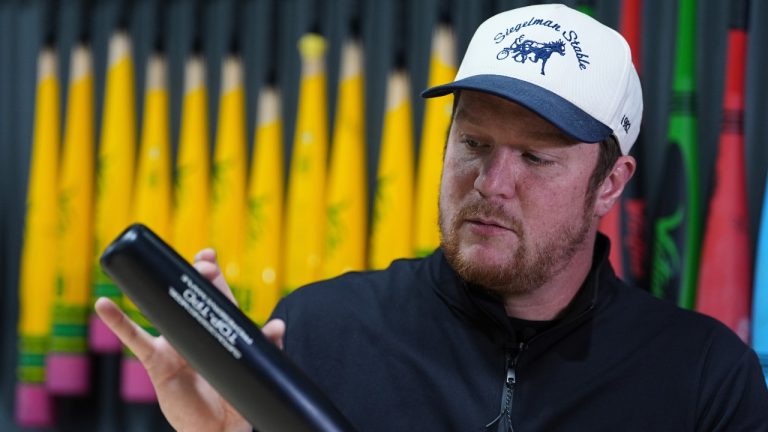 Jared Smith speaks about torpedo baseball bats during an interview at Victus Sports in King of Prussia, Pa., Wednesday, April 2, 2025. (Matt Rourke/AP)