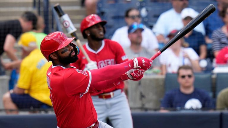 Los Angeles Angels' Jo Adell watches his solo home run off Tampa Bay Rays pitcher Zack Littell during the fifth inning of a baseball game. (Chris O'Meara/AP)