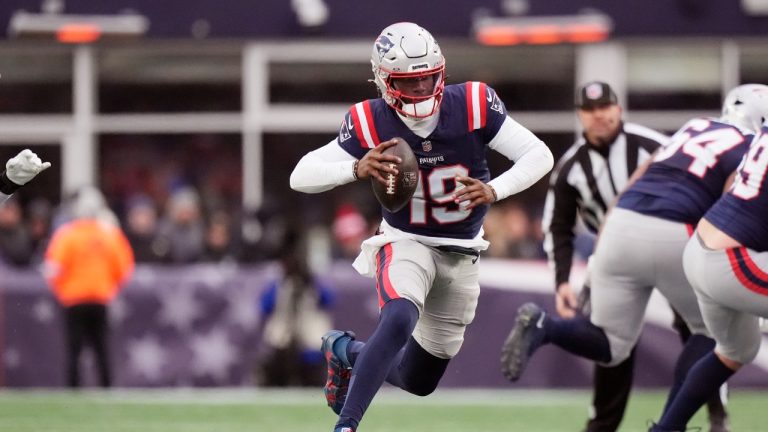 New England Patriots quarterback Joe Milton III rushes during the second half of an NFL football game, Sunday, Jan. 5, 2025, in Foxborough, Mass. (Robert F. Bukaty/AP)