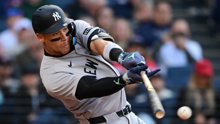 New York Yankees' Aaron Judge hits a single during the third inning of a baseball game against the Cleveland Guardians Tuesday, April 22, 2025, in Cleveland. (David Dermer/AP)