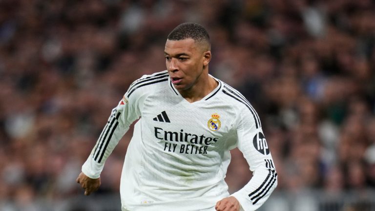 Real Madrid's Kylian Mbappe during a Spanish La Liga soccer match between Real Madrid and Leganes at the Santiago Bernabeu stadium in Madrid, Spain, Saturday, March 29, 2025. (Manu Fernandez/AP)