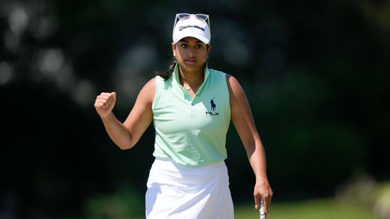 Megha Ganne reacts after making a putt on the 10th green during the second round of the U.S. Women's Open golf tournament at Lancaster Country Club, Friday, May 31, 2024, in Lancaster, Pa. (Matt Rourke/AP)
