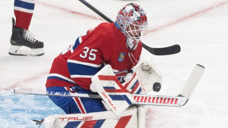 Montreal Canadiens goaltender Sam Montembeault (35) makes a save during second period NHL playoff action in Montreal on Friday, April 25, 2025. (Christinne Muschi/CP)
