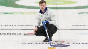 Scotland skip Bruce Mouat watches his stone during World Men's Curling Championship action against Canada in Moose Jaw, Sask., on Monday, March 31, 2025. (Chris Young/CP)