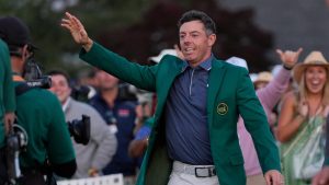 Rory McIlroy, of Northern Ireland, celebrates winning the Masters golf tournament, Sunday, April 13, 2025, in Augusta, Ga. (Julia Demaree Nikhinson/AP)