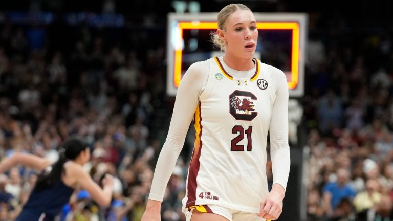 South Carolina forward Chloe Kitts (21) walks off the floor after South Carolina lost to UConn in the national championship game at the Final Four of the women's NCAA college basketball tournament, Sunday, April 6, 2025, in Tampa, Fla. (Chris O'Meara/AP)