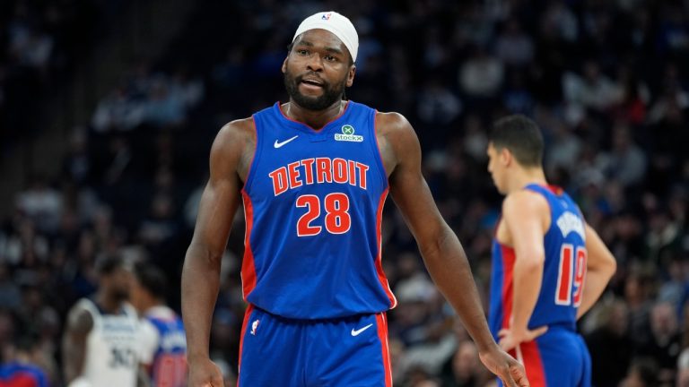 Detroit Pistons centre Isaiah Stewart (28) walks across the court during the first half of an NBA basketball game against the Minnesota Timberwolves, Sunday, March 30, 2025, in Minneapolis. (Abbie Parr/AP)