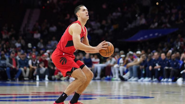 Toronto Raptors' Cole Swider plays during an NBA basketball game Sunday, March 30, 2025, in Philadelphia. (Matt Slocum/AP)