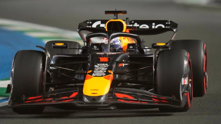 Red Bull driver Max Verstappen of the Netherlands steers his car during the qualifying session ahead of the Formula One Saudi Arabian Grand Prix at the Jeddah Corniche Circuit in Jeddah, Saudi Arabia, Saturday, April 19, 2025. (Darko Bandic/AP)