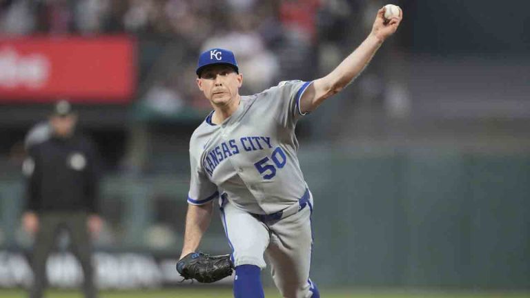 Kansas City Royals pitcher Kris Bubic (50) throws against the San Francisco Giants during the sixth inning of a baseball game in San Francisco, Monday, May 19, 2025. (Jeff Chiu/AP)