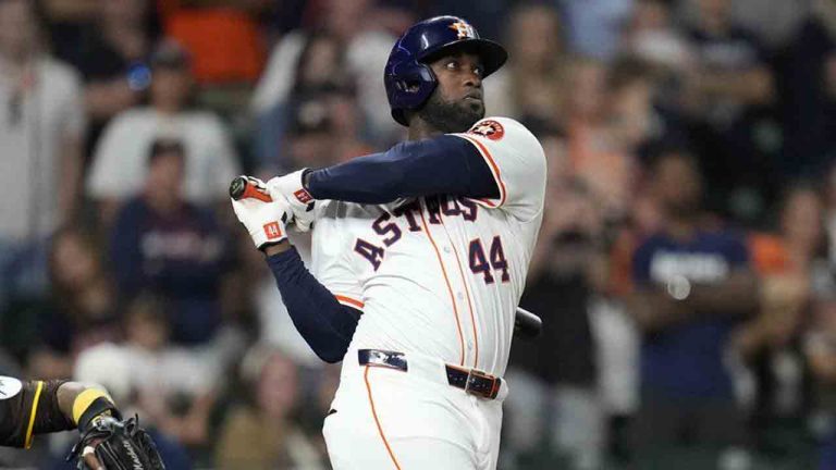 Houston Astros' Yordan Alvarez (44) hits a sacrifice fly to San Diego Padres right fielder Fernando Tatis Jr., not pictured, scoring Cam Smith during the fifth inning of a baseball game Sunday, April 20, 2025, in Houston. (Karen Warren/AP)