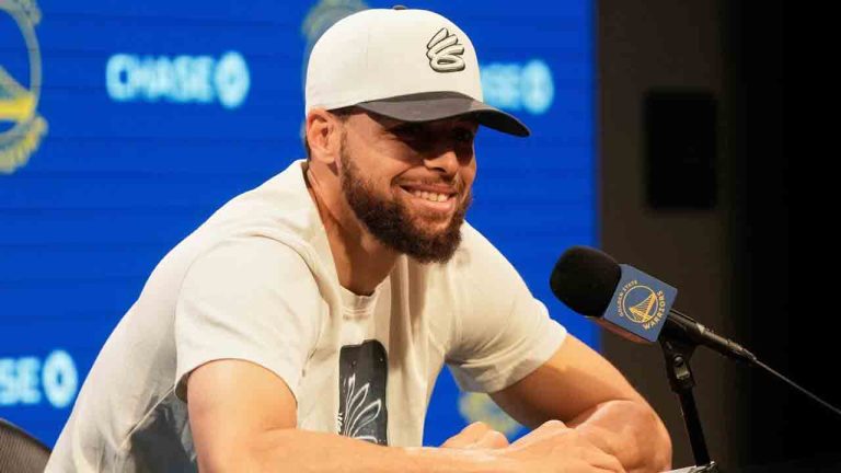 Golden State Warriors guard Stephen Curry speaks during a news conference at the NBA basketball team's facility in San Francisco, Thursday, May 15, 2025. (Jeff Chiu/AP)