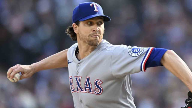 Texas Rangers starting pitcher Jacob deGrom throws against the Detroit Tigers during the first inning of a baseball game Saturday, May 10, 2025, in Detroit. (Lon Horwedel/AP)