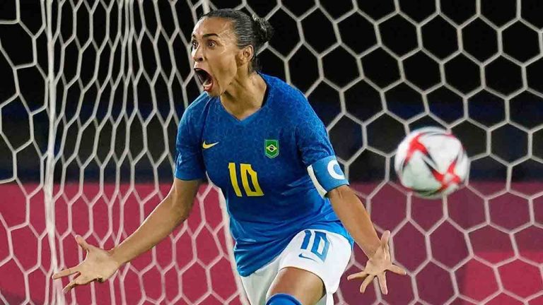 Brazil's Marta celebrates after scoring a goal during a women's soccer match against Netherlands at the 2020 Summer Olympics, Saturday, July 24, 2021, in Miyagi, Japan. (Andre Penner/AP)