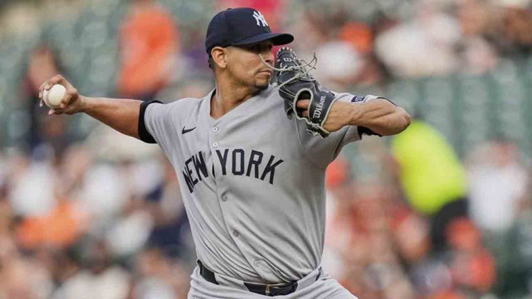New York Yankees starting pitcher Carlos Carrasco delivers during the first inning of a baseball game against the Baltimore Orioles, Wednesday, April 30, 2025, in Baltimore. (Stephanie Scarbrough/AP)