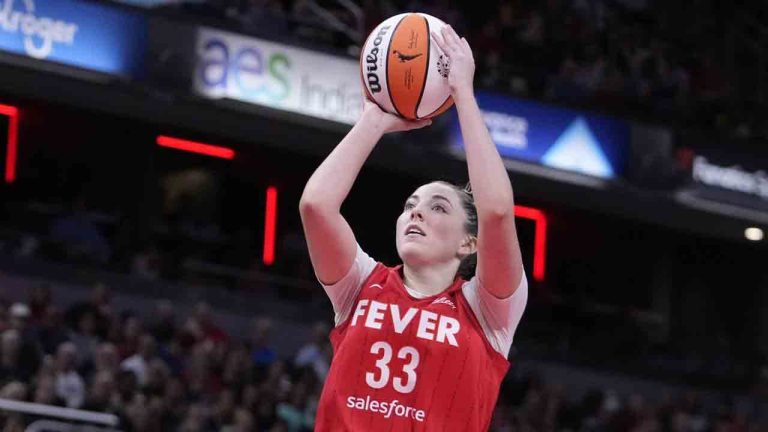 Indiana Fever's Katie Lou Samuelson shoots during the second half of a WNBA basketball game against the New York Liberty, on July 6, 2024, in Indianapolis. (Darron Cummings/AP)