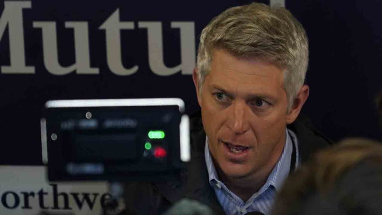 Mike Elias, executive vice president and general manager for the Baltimore Orioles, speaks to the media before a baseball game against the Milwaukee Brewers, Tuesday, May 20, 2025, in Milwaukee. (Aaron Gash/AP)