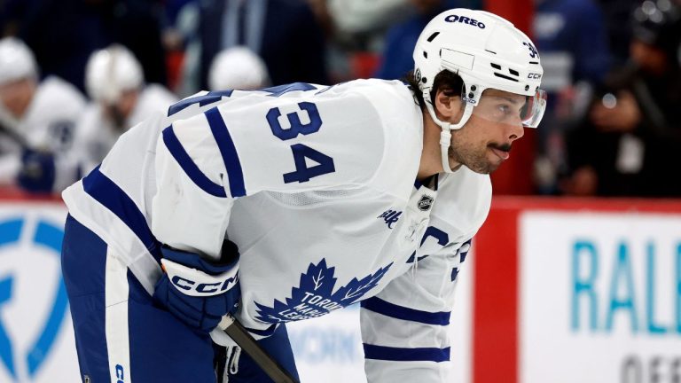 Toronto Maple Leafs' Auston Matthews (34) watches the puck against the Carolina Hurricanes during the first period of an NHL hockey game in Raleigh, N.C., Sunday, April 13, 2025. (Karl DeBlaker/AP)