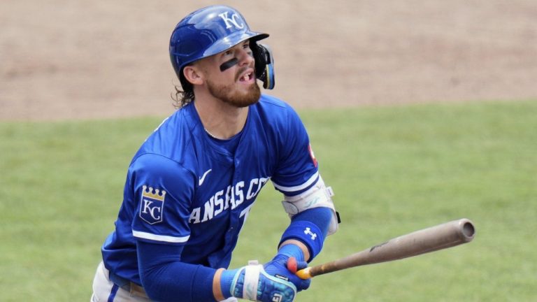 Kansas City Royals' Bobby Witt Jr. watches his two-run home run off Tampa Bay Rays pitcher Shane Baz during the fifth inning of a baseball game Thursday, May 1, 2025, in Tampa, Fla. (AP/Chris O'Meara)