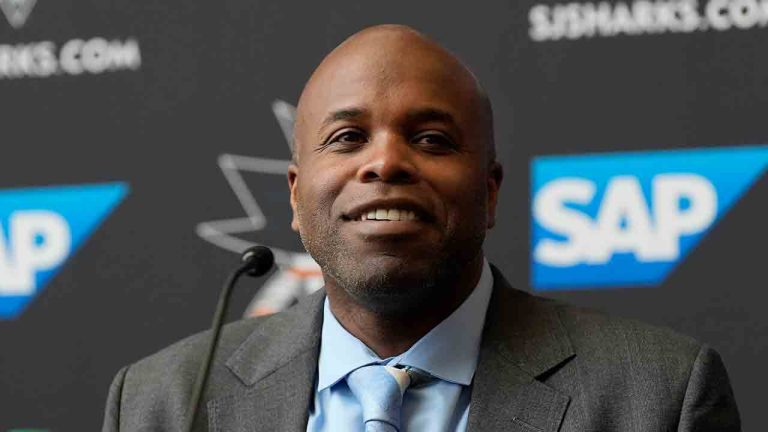 San Jose Sharks general manager Mike Grier speaks at a news conference introducing Ryan Warsofsky as the NHL hockey head coach of the San Jose Sharks in San Jose, Calif., Monday, June 17, 2024. (Jeff Chiu/AP)