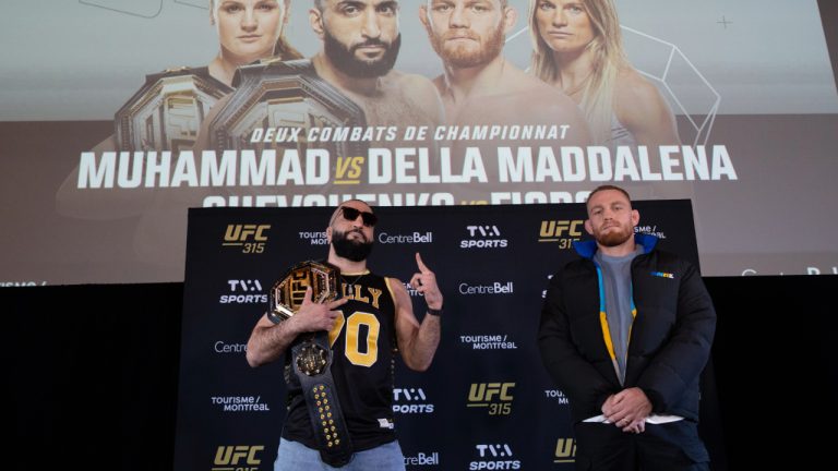 UFC 315 welterweight champion Belal Muhammad, left poses with contender Jack Della Maddalena following a press conference to announce their upcoming fight in Montreal on Wednesday, Feb. 26, 2025. (Christinne Muschi/CP)