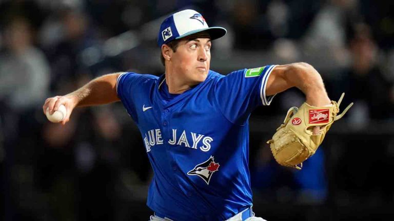 Toronto Blue Jays' Jake Bloss pitches to the New York Yankees during the first inning of a spring training baseball game Friday, Feb. 28, 2025, in Tampa, Fla. (Chris O'Meara/AP)