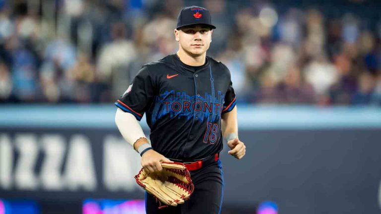 Toronto Blue Jays outfielder Alan Roden (18) returns to the dugout after sixth inning MLB baseball action against the Baltimore Orioles, in Toronto on Friday, March 28, 2025. (Christopher Katsarov/CP)