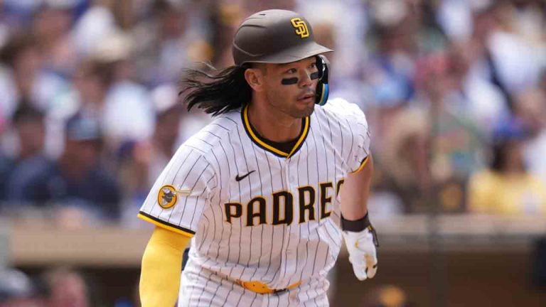 San Diego Padres' Connor Joe batting base running during the seventh inning of a baseball game against the Chicago Cubs Wednesday, April 16, 2025, in San Diego. (Gregory Bull/AP)