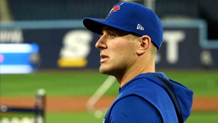 Toronto Blue Jays centre fielder Daulton Varsho watches batting practice before the American League baseball game against the Boston Red Sox in Toronto on Tuesday, April 29, 2025. (Jon Blacker/CP)