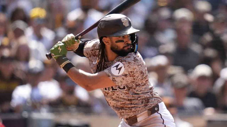 San Diego Padres' Fernando Tatis Jr. batting during the fifth inning of a baseball game against the Tampa Bay Rays Sunday, April 27, 2025, in San Diego. (Gregory Bull/AP)