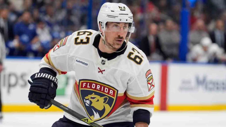 Florida Panthers centre Brad Marchand against the Tampa Bay Lightning during the third period in Game 5 of an NHL Stanley Cup first-round playoff series, Wednesday, April 30, 2025, in Tampa, Fla. (Chris O'Meara/AP)