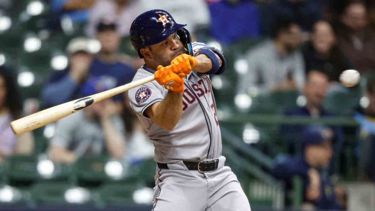 Houston Astros' Jose Altuve hits a double against the Milwaukee Brewers during the sixth inning of a baseball game, Monday, May 5, 2025, in Milwaukee. (Jeffrey Phelps/AP)