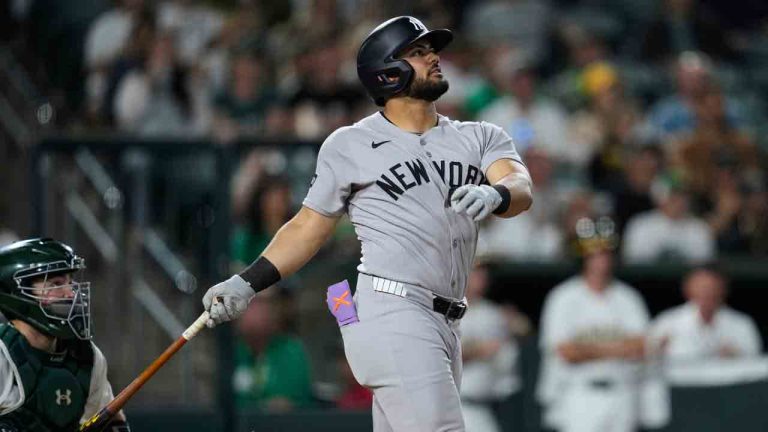 New York Yankees' Jasson Domínguez watches his grand slam during the eighth inning of a baseball game against the Athletics, Friday, May 9, 2025, in West Sacramento, Calif. (Godofredo A. Vásquez/AP)