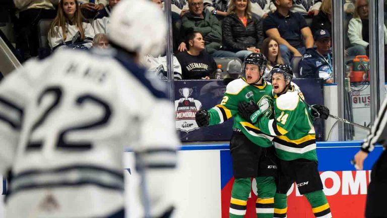 London Knights' Henry Brzustewicz (2) celebrates his goal with teammate London Knights' Evan Van Gorp (14) during second period Memorial Cup hockey action against Rimouski Oceanic, in Rimouski, Que., on Sunday, May 25, 2025. (Christopher Katsarov/CP)