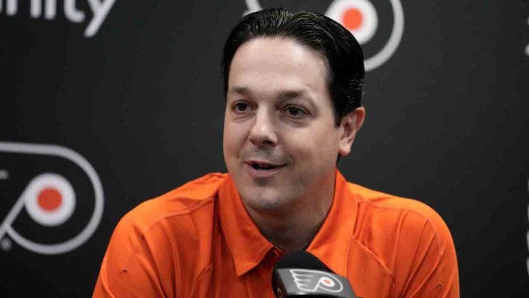 Philadelphia Flyers general manager Daniel Briere, during an NHL hockey press conference, in Voorhees, N.J., Wednesday, July 24, 2024. (Matt Rourke/AP)