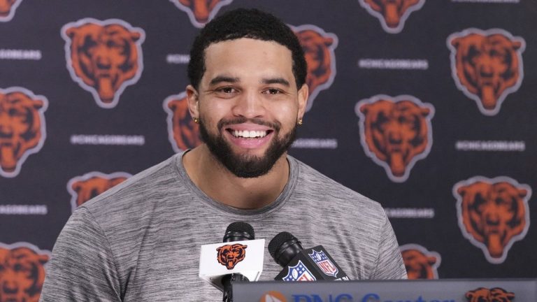 Chicago Bears quarterback Caleb Williams talks to media at a news conference after NFL practice in Lake Forest, Ill., Wednesday, May 28, 2025. (AP/Nam Y. Huh)