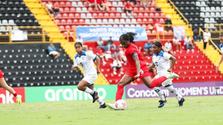 Canada forward Anabelle Chukwu, centre, takes a shot during Canada's 4-1 win over Nicaragua at the CONCACAF Women's U-20 Championship in Alajuela, Costa Rica, in a Saturday, May 31, 2025, handout photo. THE CANADIAN PRESS/HO-Canada Soccer