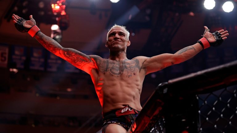 Brazil's Charles Oliveira reacts after defeating Michael Chandler in a UFC 309 mixed martial arts lightweight title bout, early on Sunday, Nov. 17, 2024, in New York. (Adam Hunger/AP)