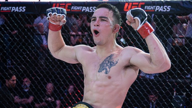 Unbeaten Cody Chovancek of Petrolia, Ont., celebrates after defeating American Gage Gill via fifth-round submission (calf slicer) to win the vacant Unified MMA Canadian bantamweight championship in the main event of Unified 57 on June 14, 2024 at Rebel Entertainment Complex in Toronto.
THE CANADIAN PRESS/HO-Unified MMA-Jose Castillo